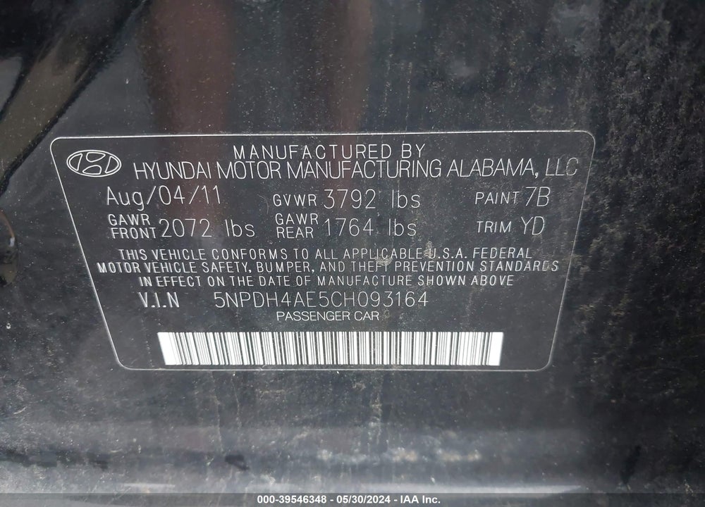 2012 HYUNDAI ELANTRA GLS VIN: 5NPDH4AE5CH093164