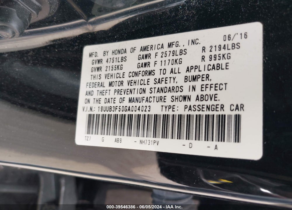 2016 ACURA TLX V6 TECH VIN: 19UUB3F50GA004023