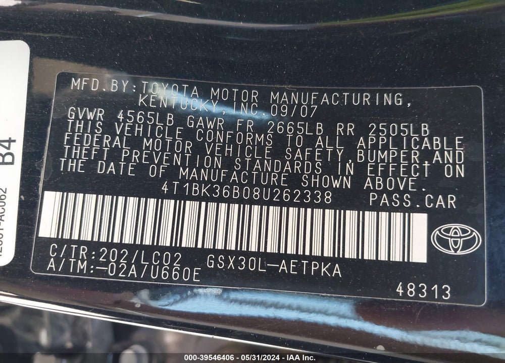 2008 TOYOTA AVALON LIMITED VIN: 4T1BK36B08U262338
