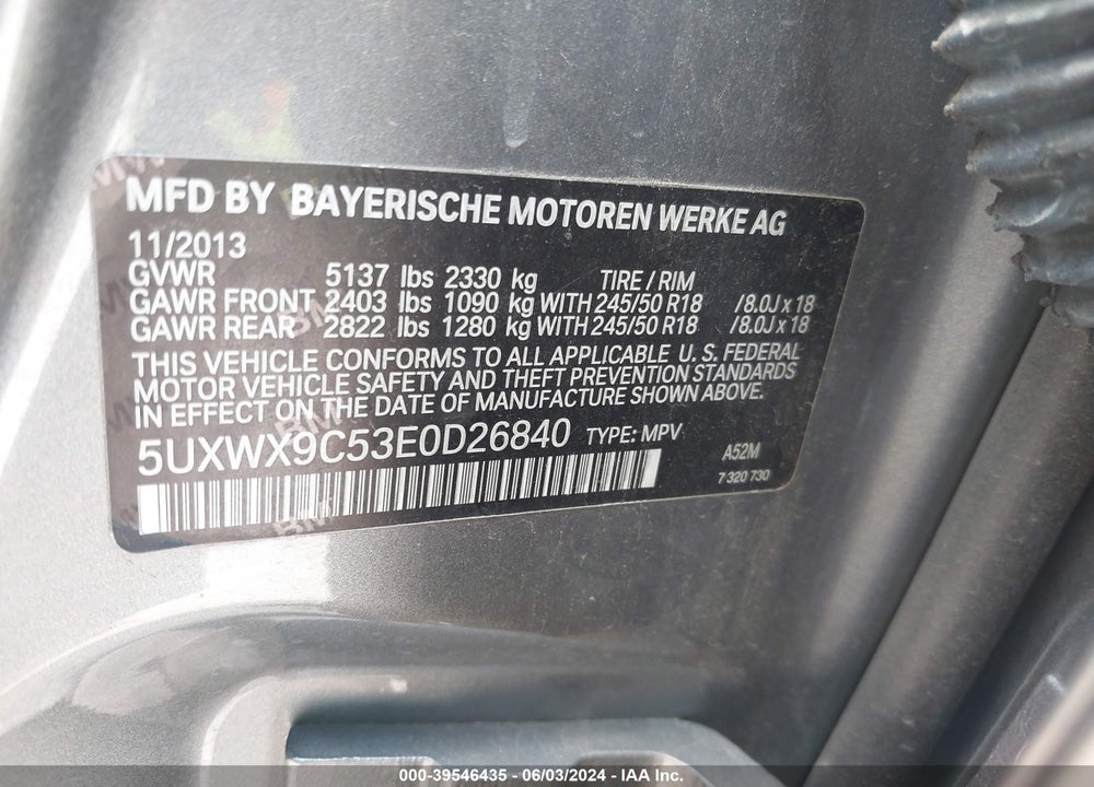 2014 BMW X3 XDRIVE28I VIN: 5UXWX9C53E0D26840