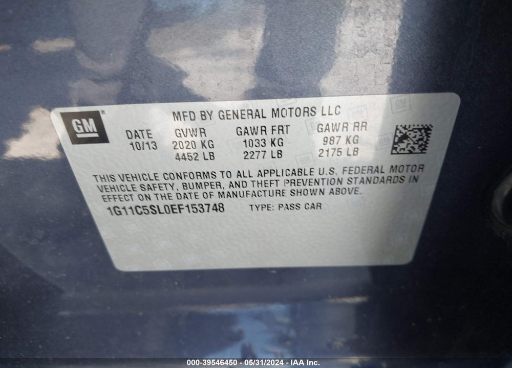 2014 CHEVROLET MALIBU 1LT VIN: 1G11C5SL0EF153748