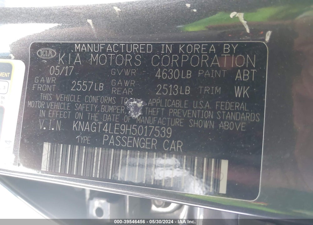 2017 KIA OPTIMA HYBRID VIN: KNAGT4LE9H5017539