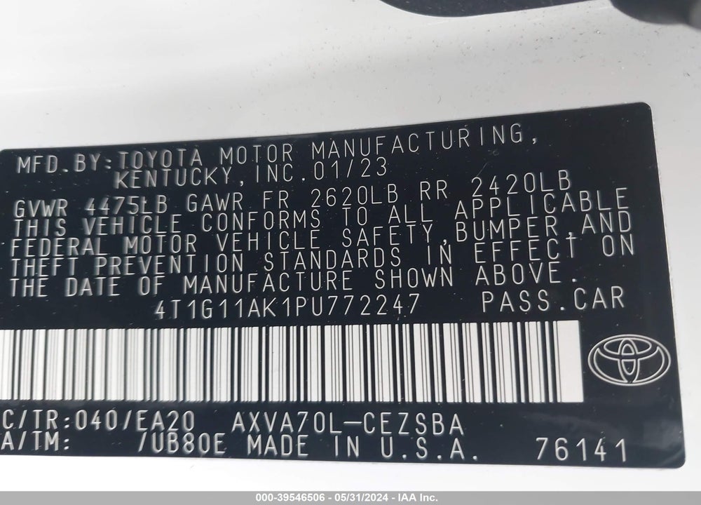 2023 TOYOTA CAMRY SE VIN: 4T1G11AK1PU772247