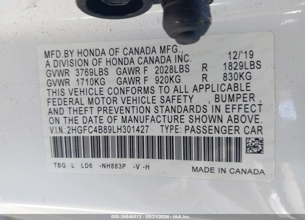 2020 HONDA CIVIC SPORT VIN: 2HGFC4B89LH301427