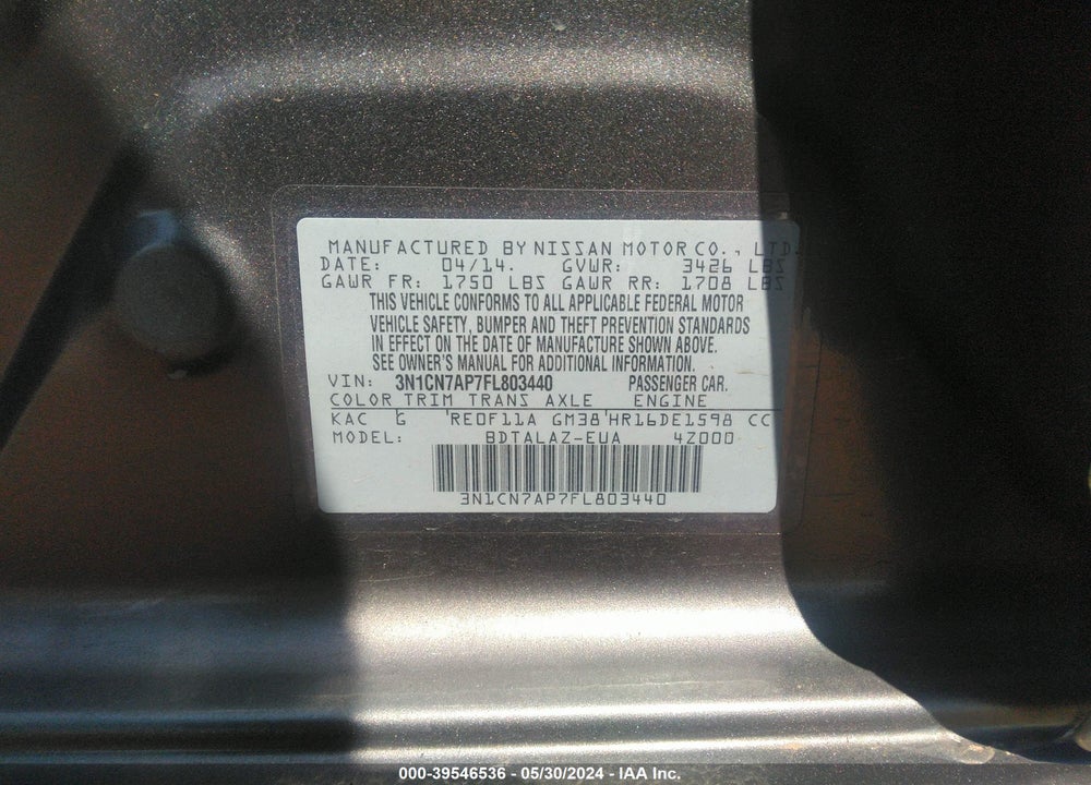2015 NISSAN VERSA 1.6 S+ VIN: 3N1CN7AP7FL803440