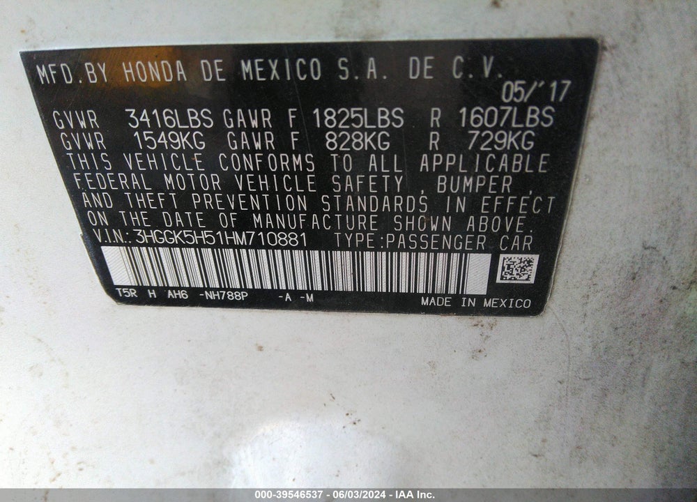 2017 HONDA FIT LX VIN: 3HGGK5H51HM710881