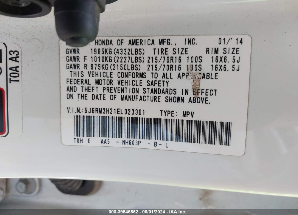 2014 HONDA CR-V LX VIN: 5J6RM3H31EL023301