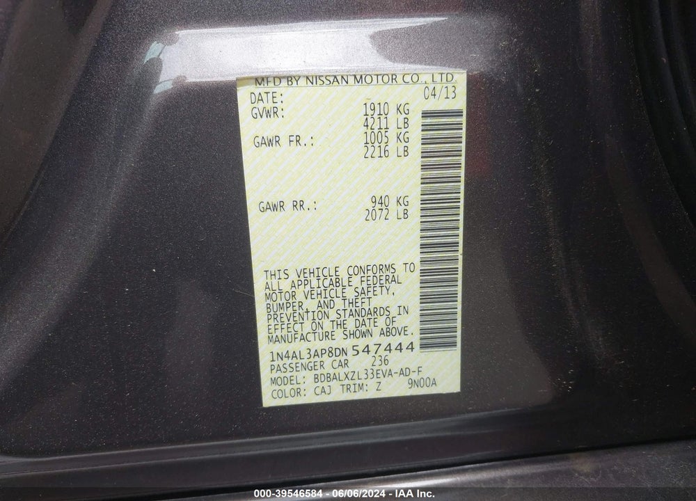 2013 NISSAN ALTIMA 2.5 SL VIN: 1N4AL3AP8DN547444