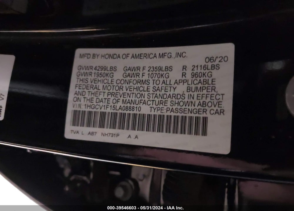 2020 HONDA ACCORD LX VIN: 1HGCV1F15LA088810