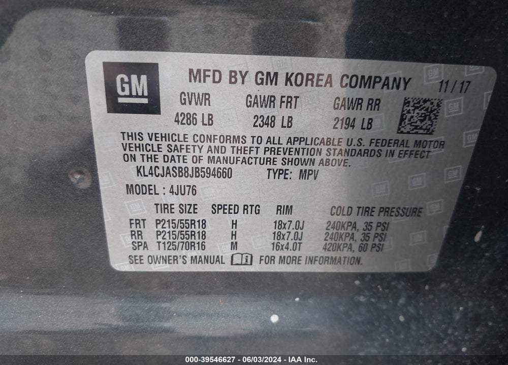 2018 BUICK ENCORE PREFERRED VIN: KL4CJASB8JB594660