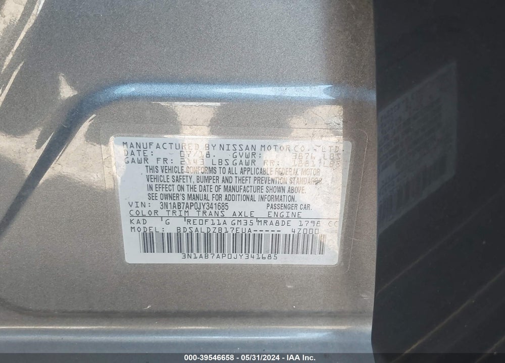 2018 NISSAN SENTRA SV VIN: 3N1AB7AP0JY341685