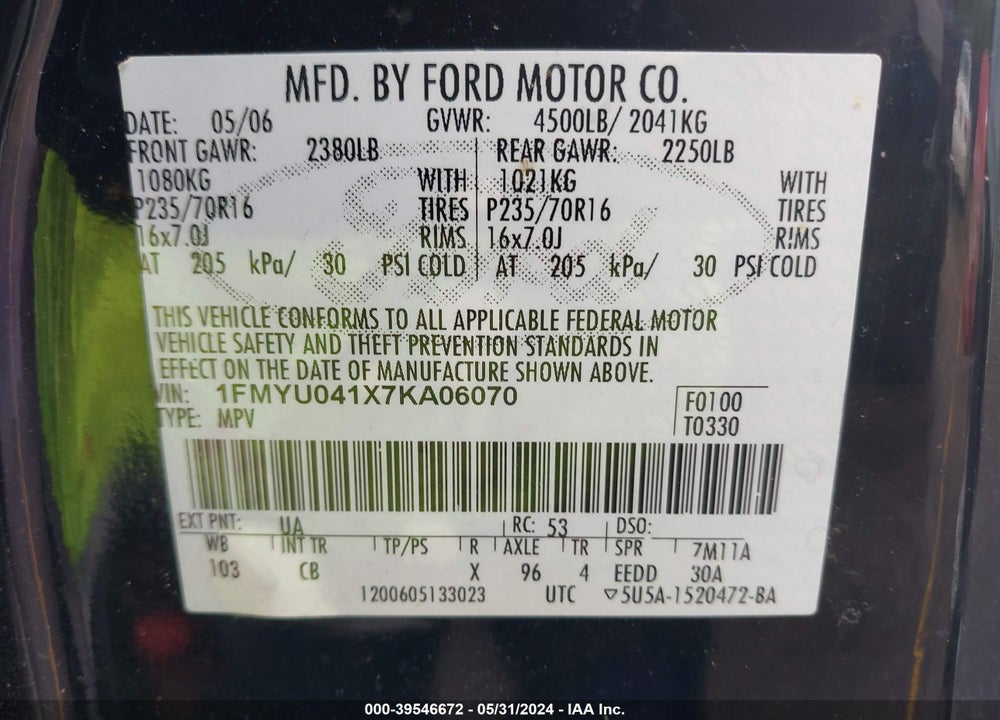 2007 FORD ESCAPE LIMITED VIN: 1FMYU041X7KA06070