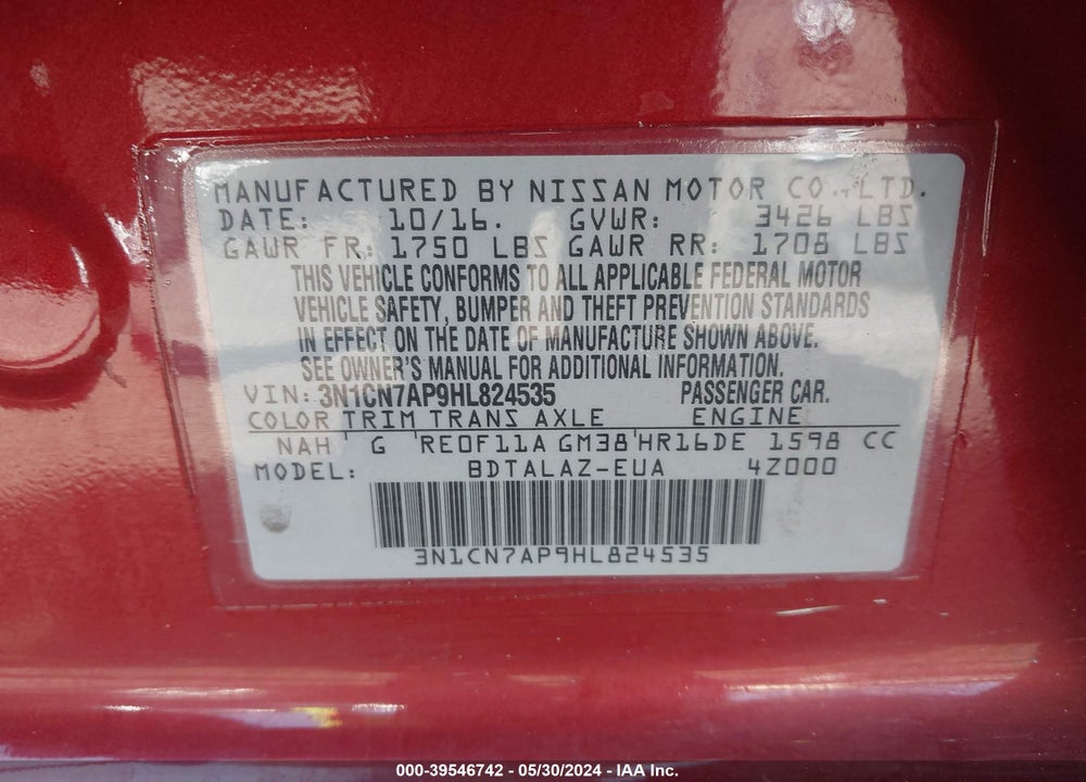 2017 NISSAN VERSA 1.6 S+ VIN: 3N1CN7AP9HL824535