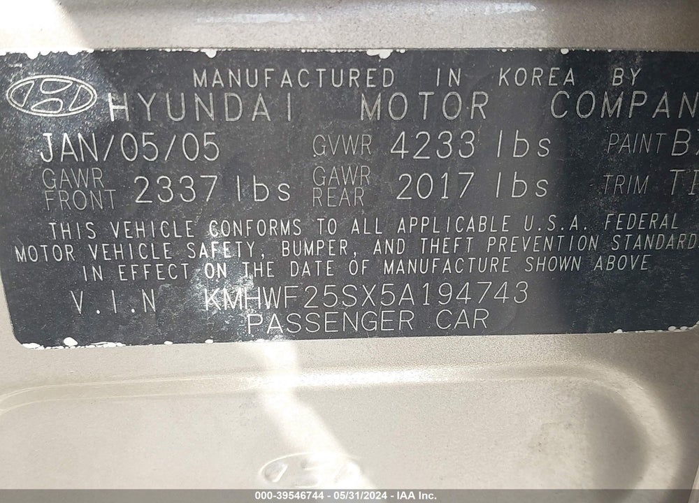 2005 HYUNDAI SONATA GL VIN: KMHWF25SX5A194743