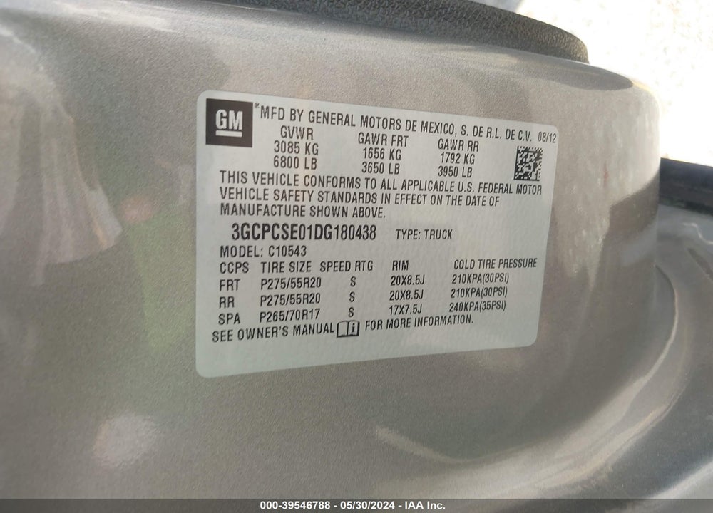 2013 CHEVROLET SILVERADO 1500 LT VIN: 3GCPCSE01DG180438