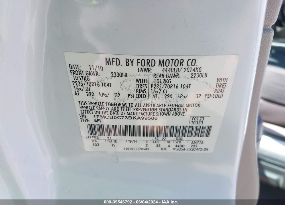 2011 FORD ESCAPE XLS VIN: 1FMCU0C73BKA99586