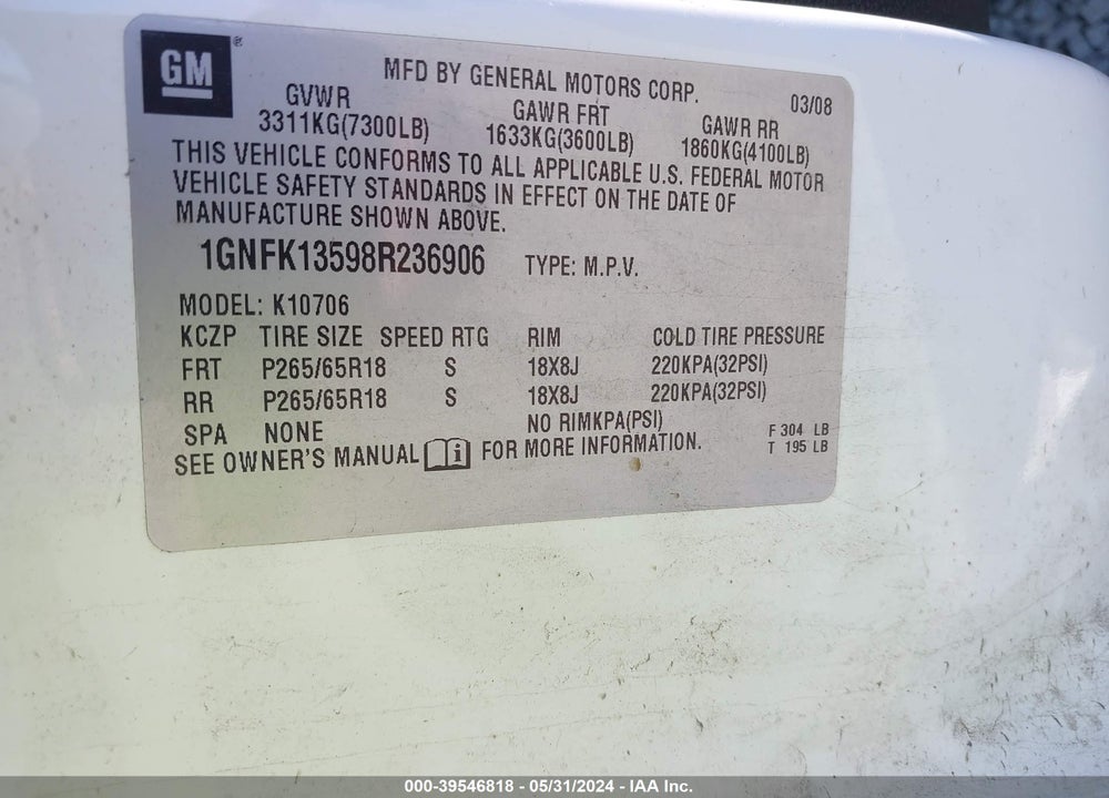 2008 CHEVROLET TAHOE HYBRID VIN: 1GNFK13598R236906