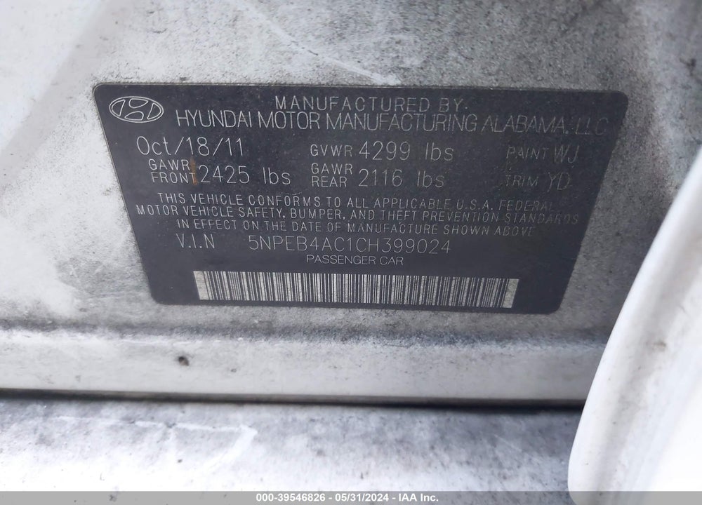 2012 HYUNDAI SONATA GLS VIN: 5NPEB4AC1CH399024