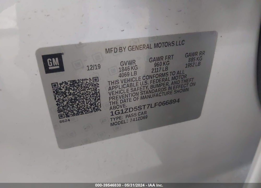 2020 CHEVROLET MALIBU FWD LT VIN: 1G1ZD5ST7LF066894