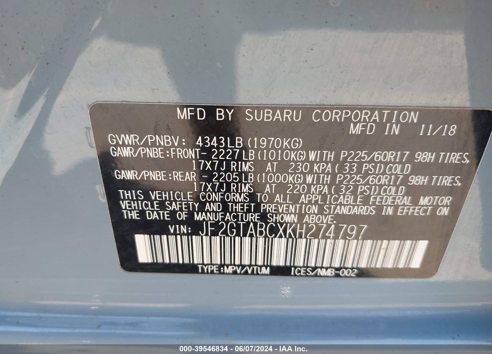 2019 SUBARU CROSSTREK 2.0I VIN: JF2GTABCXKH274797