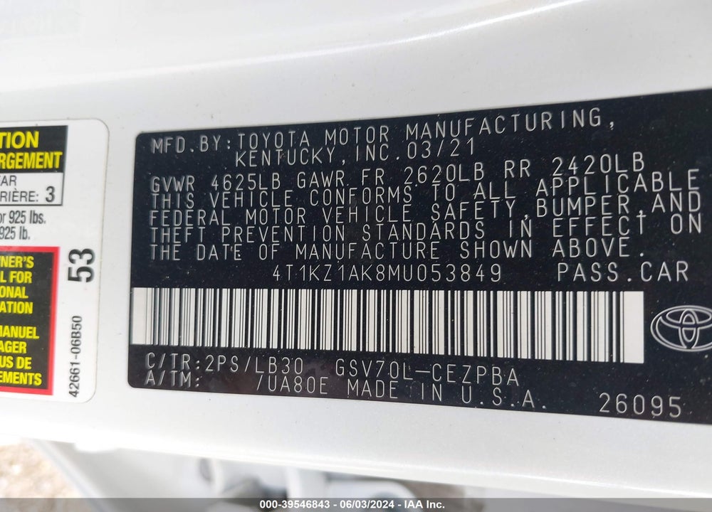 2021 TOYOTA CAMRY XSE V6 VIN: 4T1KZ1AK8MU053849