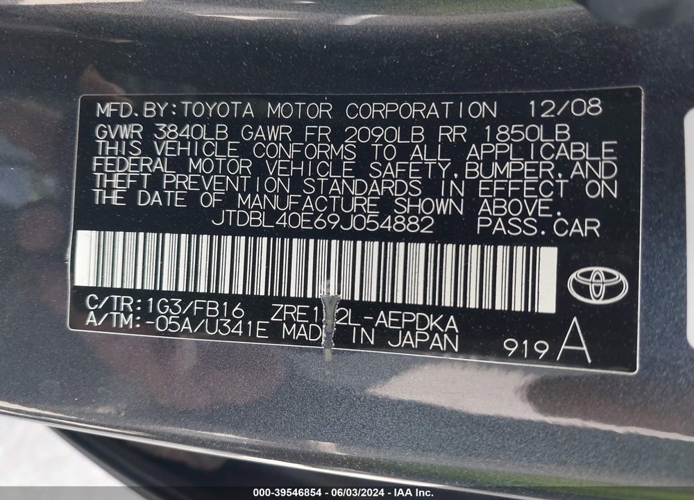 2009 TOYOTA COROLLA LE VIN: JTDBL40E69J054882