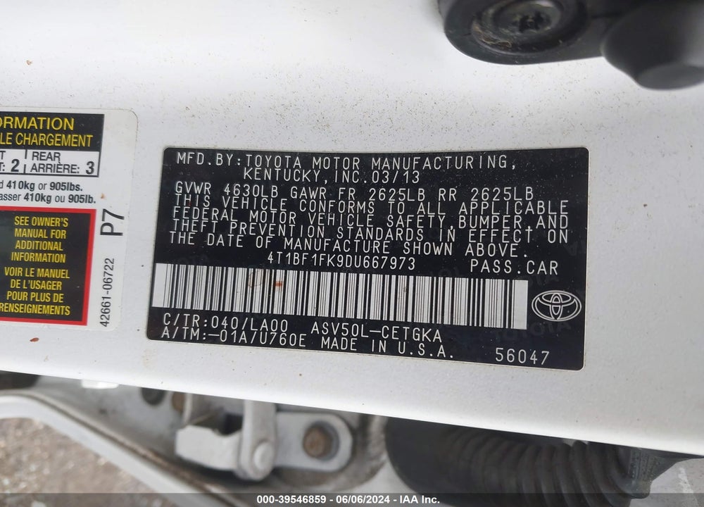 2013 TOYOTA CAMRY XLE VIN: 4T1BF1FK9DU667973