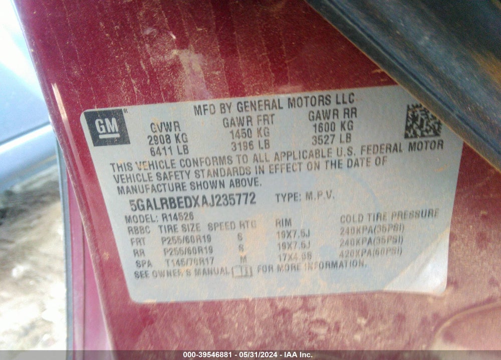 2010 BUICK ENCLAVE 1XL VIN: 5GALRBEDXAJ235772