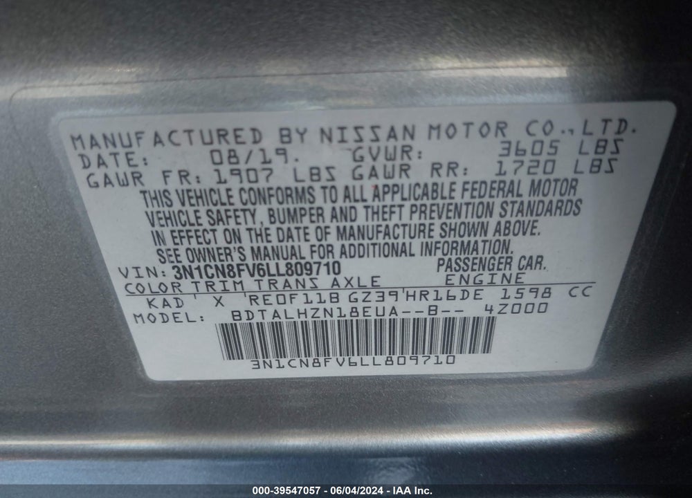 2020 NISSAN VERSA SR XTRONIC CVT VIN: 3N1CN8FV6LL809710