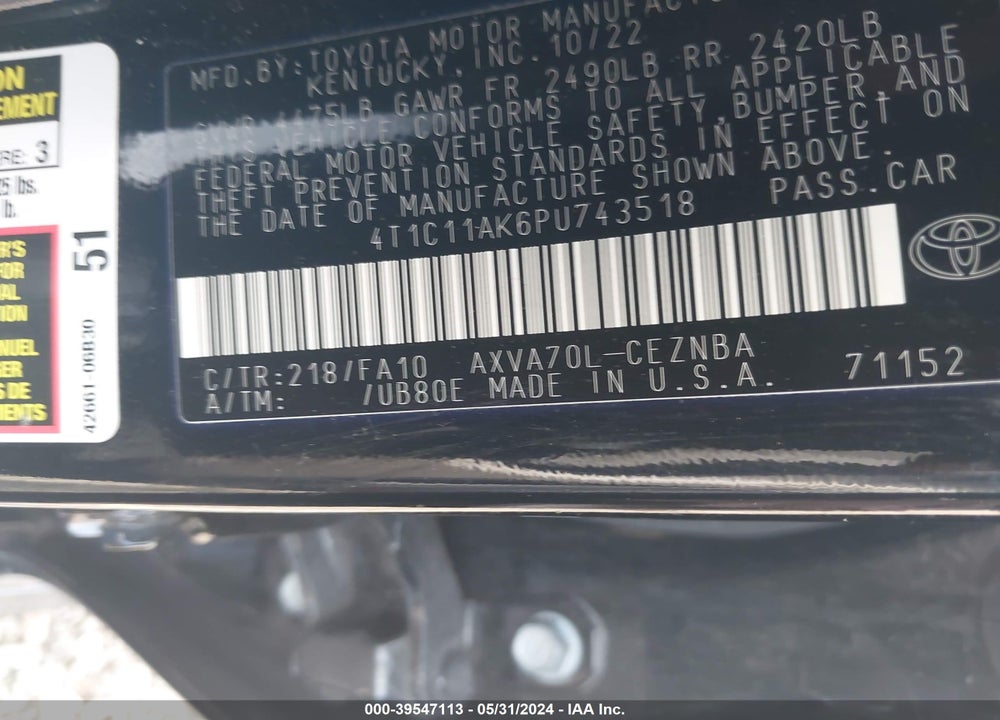 2023 TOYOTA CAMRY LE VIN: 4T1C11AK6PU743518