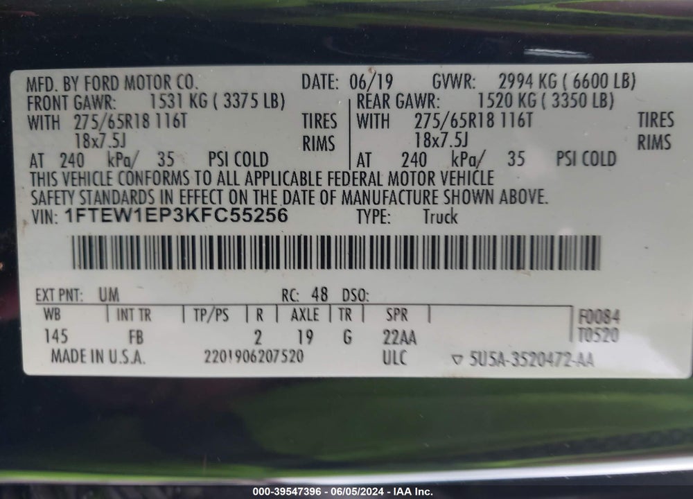 2019 FORD F-150 XLT VIN: 1FTEW1EP3KFC55256