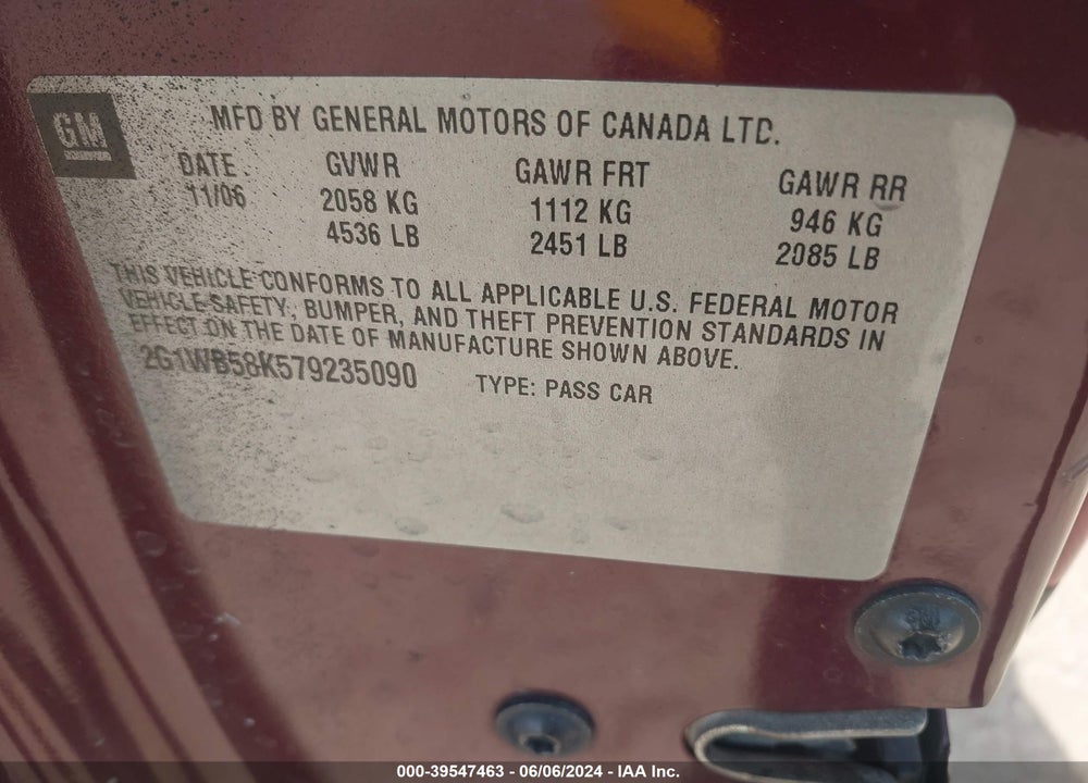 2007 CHEVROLET IMPALA LS VIN: 2G1WB58K579235090