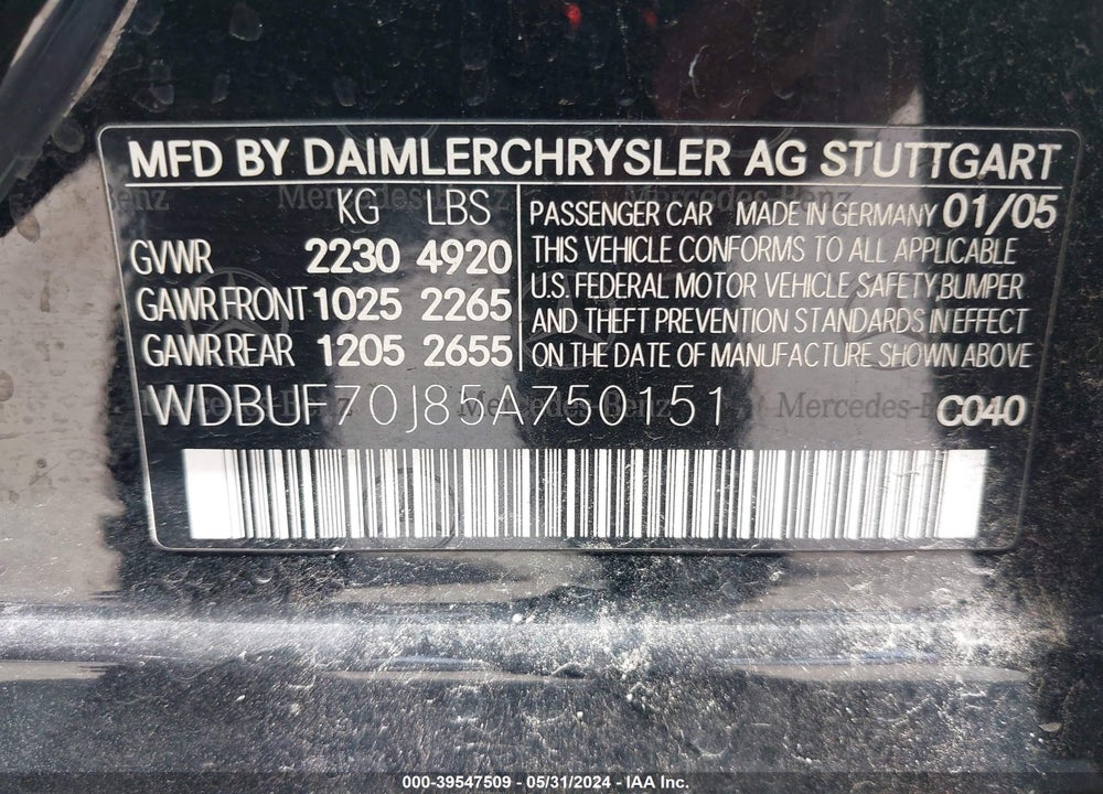2005 MERCEDES-BENZ E 500 VIN: WDBUF70J85A750151