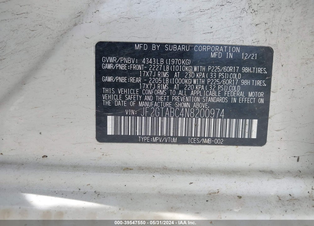 2022 SUBARU CROSSTREK VIN: JF2GTABC4N8200974