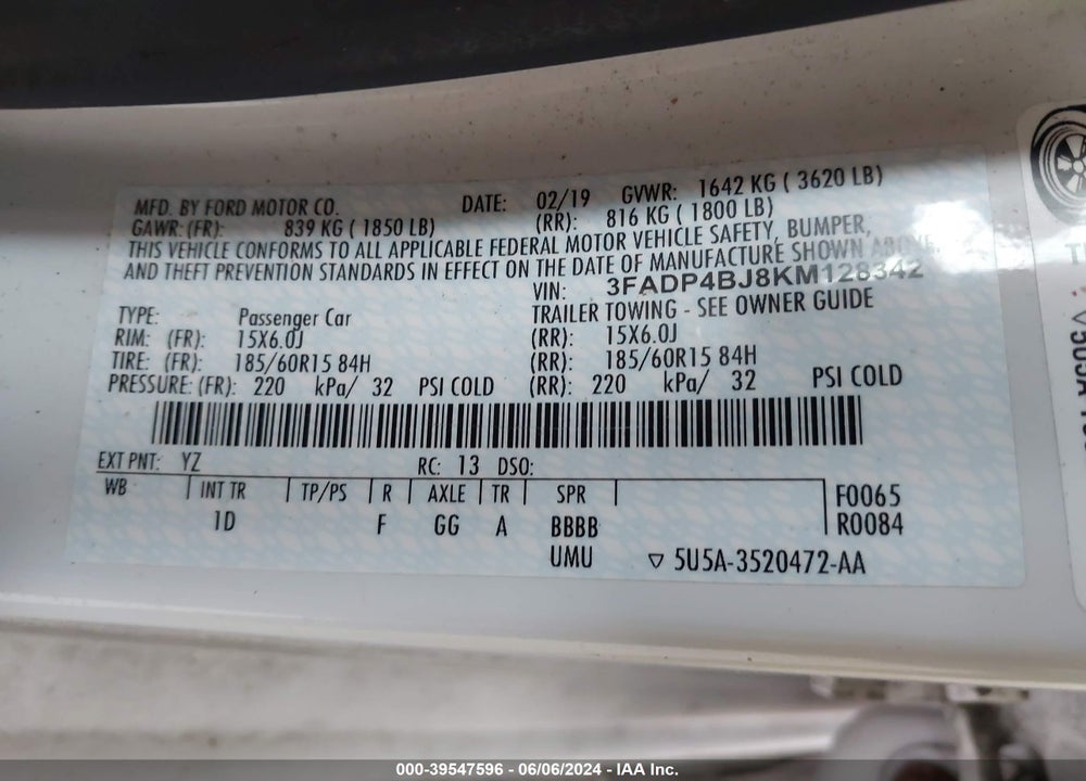 2019 FORD FIESTA SE VIN: 3FADP4BJ8KM128342