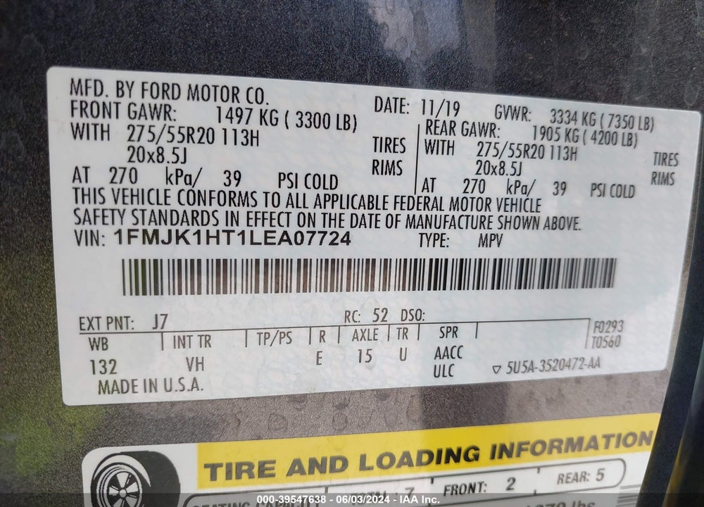 2020 FORD EXPEDITION XLT MAX VIN: 1FMJK1HT1LEA07724