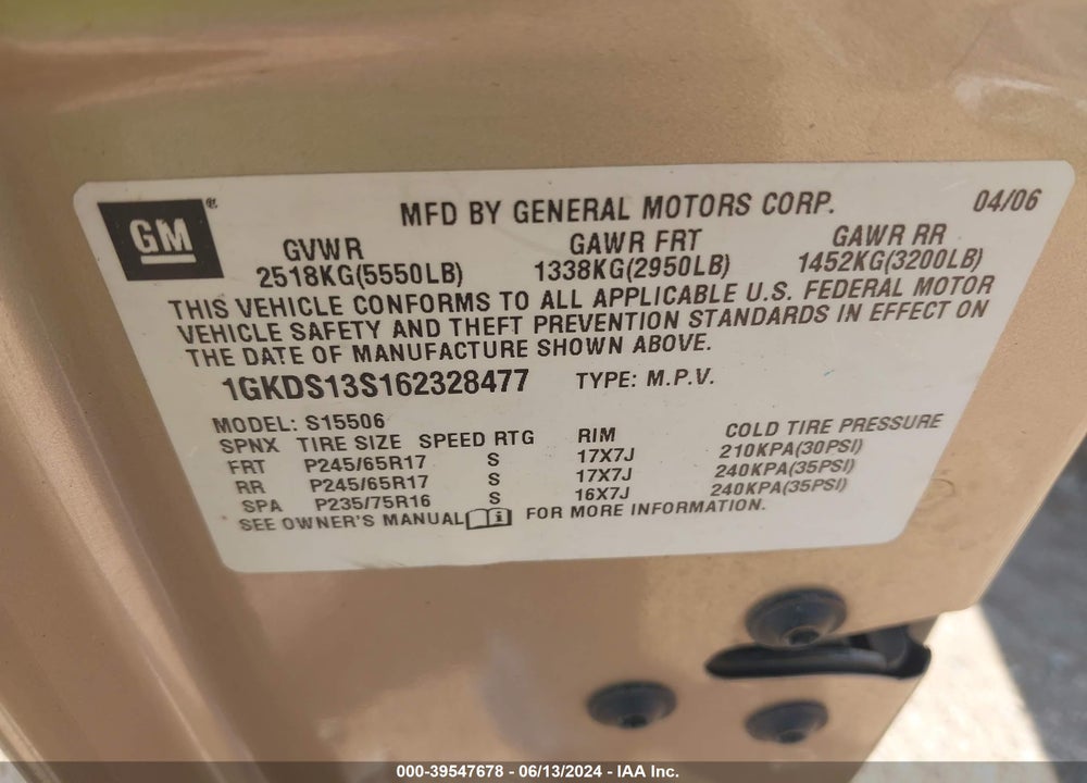 2006 GMC ENVOY SLE VIN: 1GKDS13S162328477