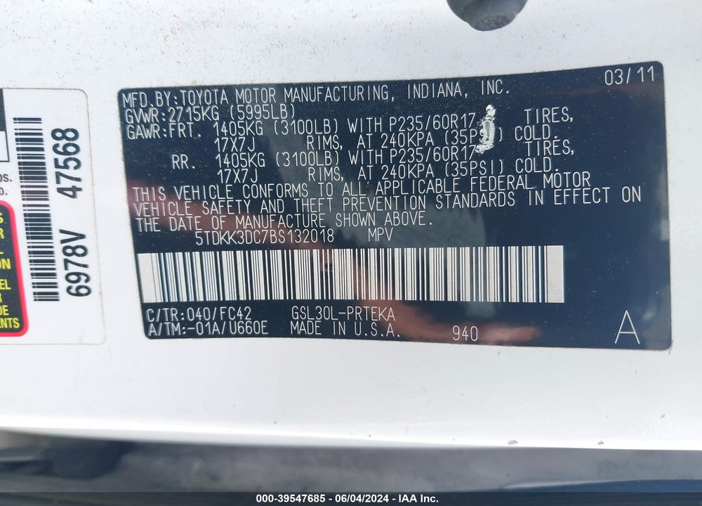 2011 TOYOTA SIENNA LE V6 VIN: 5TDKK3DC7BS132018