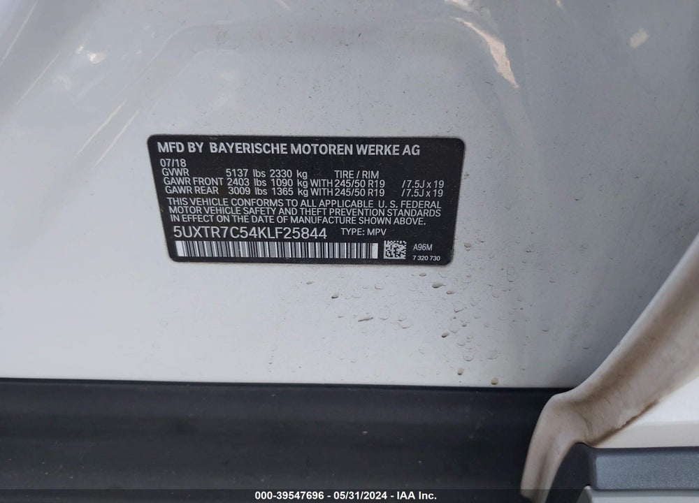 2019 BMW X3 SDRIVE30I VIN: 5UXTR7C54KLF25844