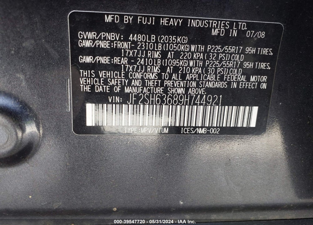 2009 SUBARU FORESTER 2.5X VIN: JF2SH63689H744921