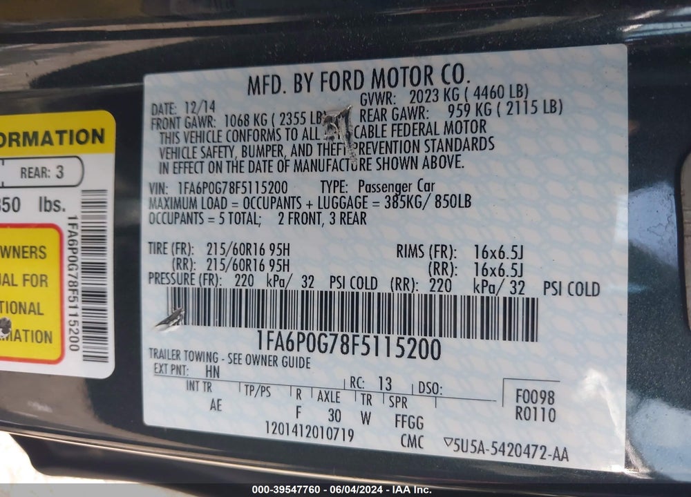 2015 FORD FUSION S VIN: 1FA6P0G78F5115200