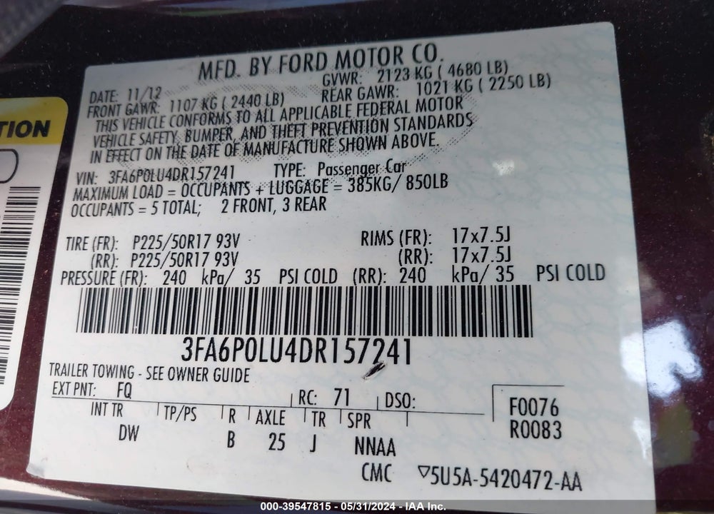 2013 FORD FUSION HYBRID SE VIN: 3FA6P0LU4DR157241