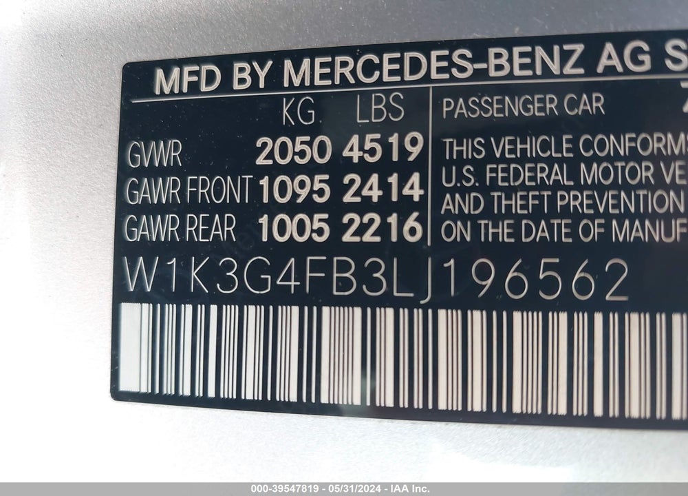 2020 MERCEDES-BENZ A 220 4MATIC VIN: W1K3G4FB3LJ196562