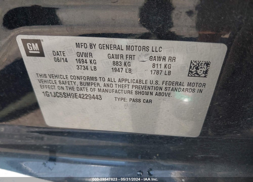 2014 CHEVROLET SONIC LT AUTO VIN: 1G1JC5SH9E4229443