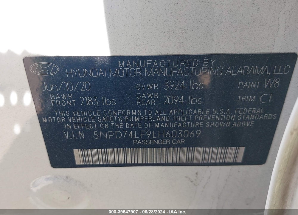 2020 HYUNDAI ELANTRA SE VIN: 5NPD74LF9LH603069