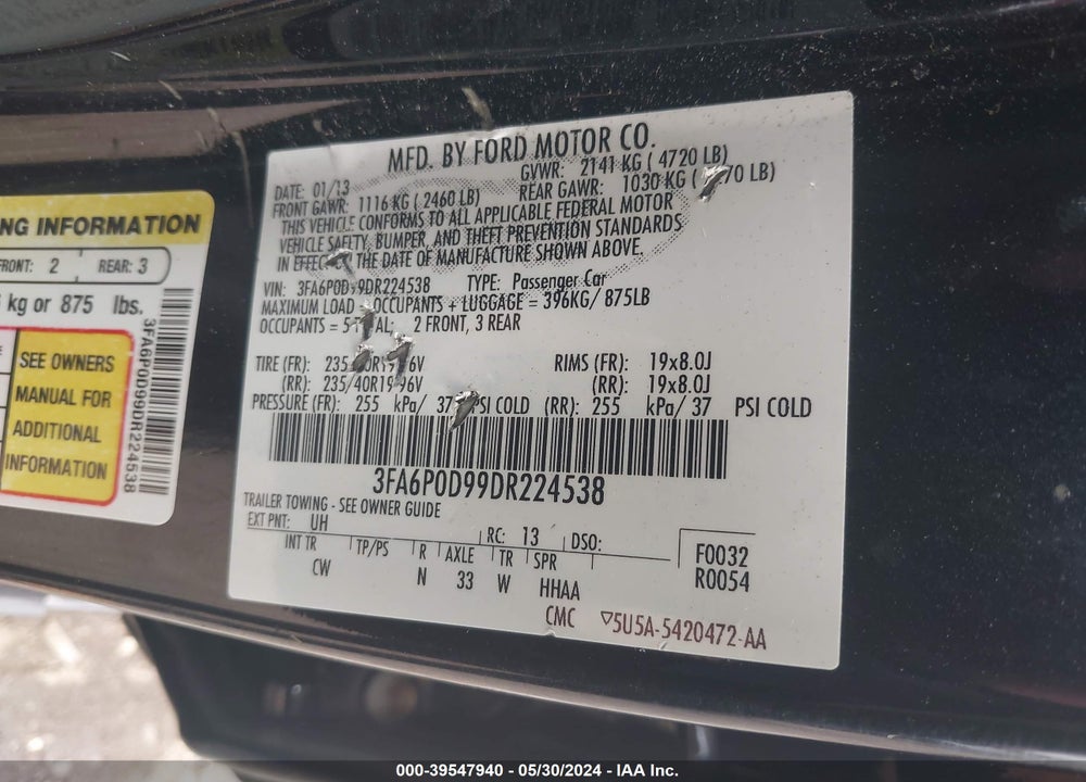 2013 FORD FUSION TITANIUM VIN: 3FA6P0D99DR224538