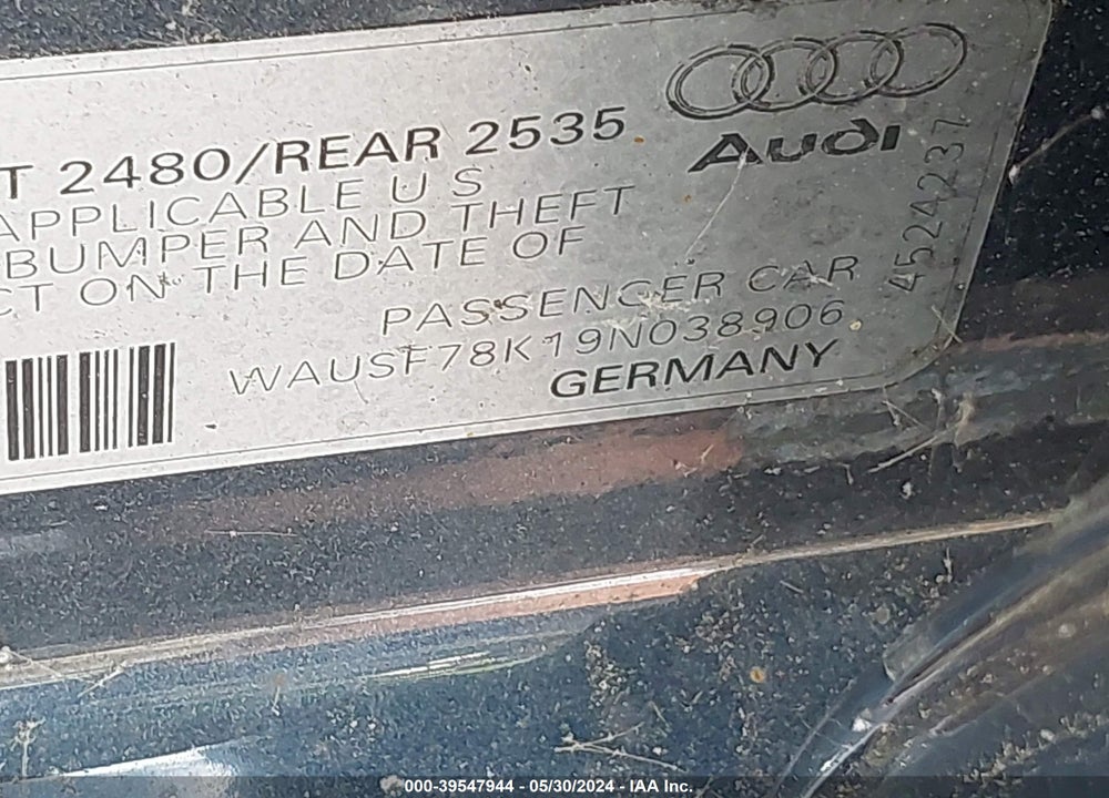 2009 AUDI A4 2.0T PREMIUM VIN: WAUSF78K19N038906