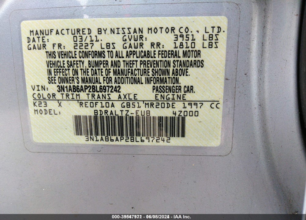 2011 NISSAN SENTRA 2.0S VIN: 3N1AB6AP2BL697242