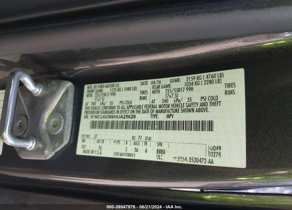 2017 FORD ESCAPE SE VIN: 1FMCU0G99HUA25629