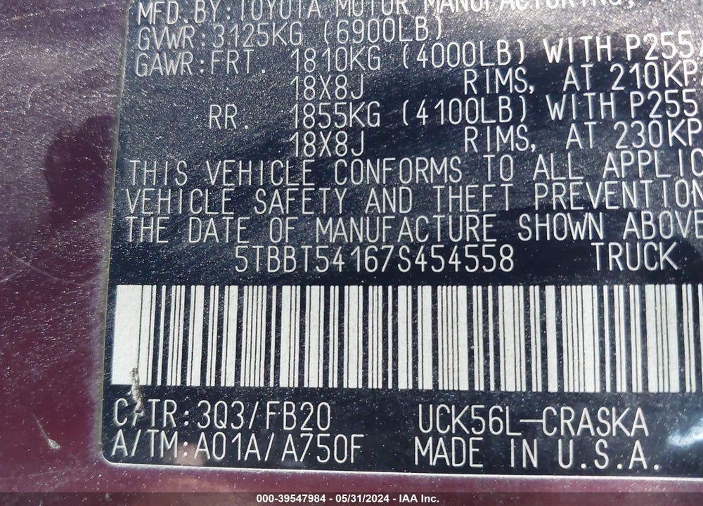 2007 TOYOTA TUNDRA SR5 4.7L V8 VIN: 5TBBT54167S454558
